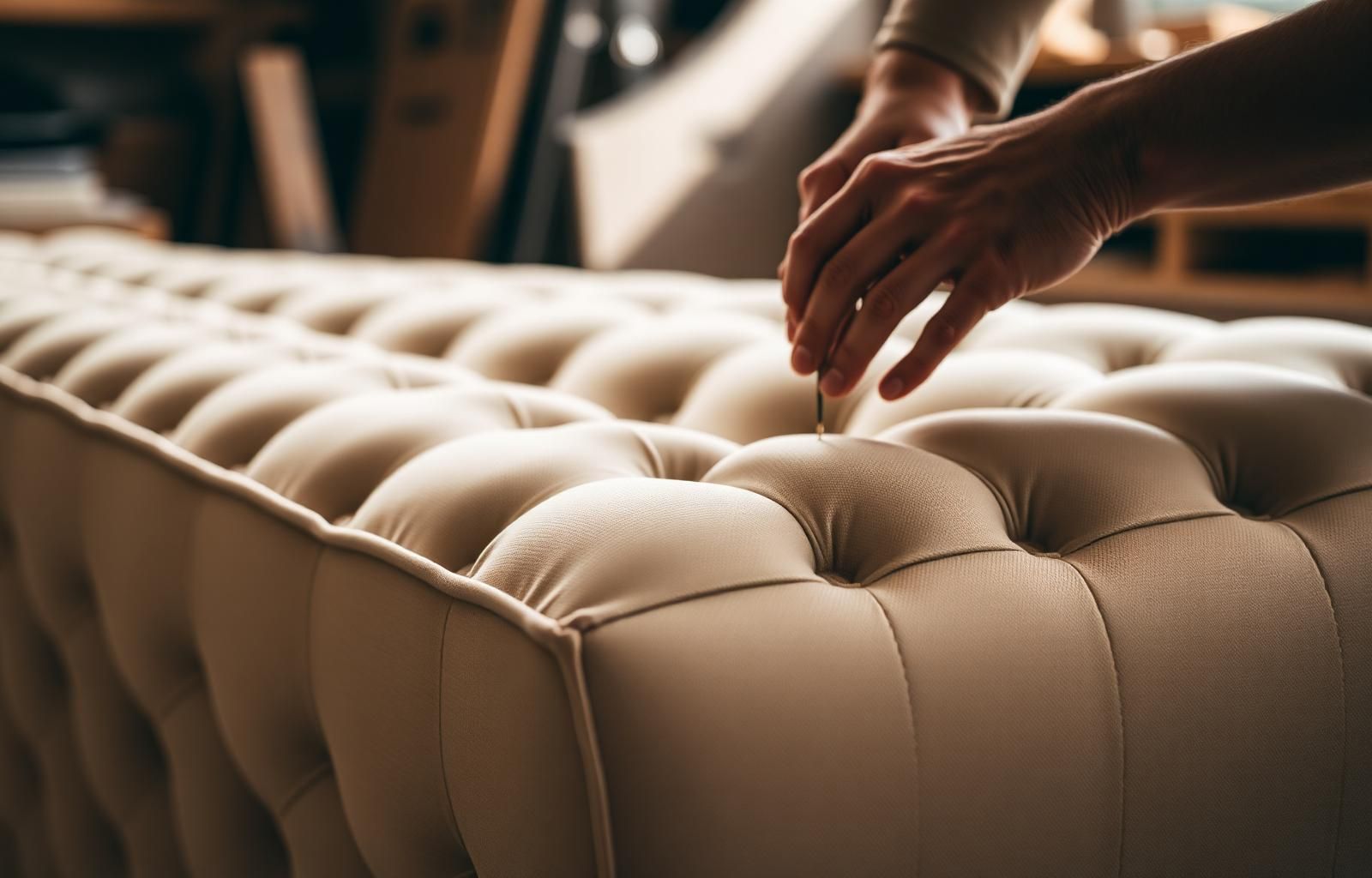 Craftsman hand-stitching cream upholstery on a tufted sofa